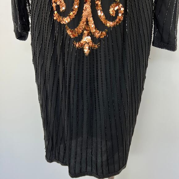 Cache Vintage Silk Fully Beaded Sequin Black Mini Dress Long Sleeve S/M - Picture 5 of 10